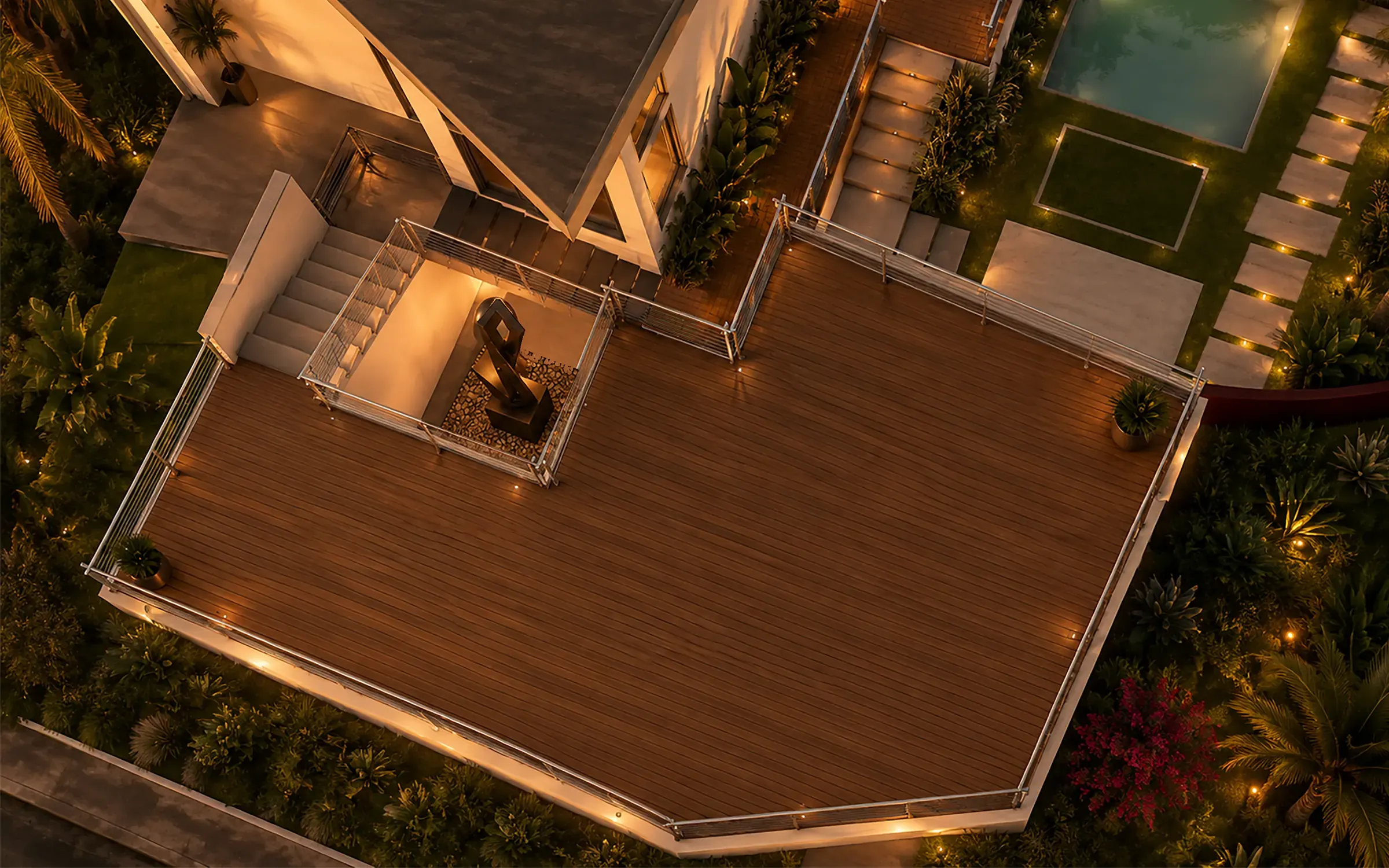 Stassi Lane ADU, pool-view render of the hillside auxiliary dwelling unit in Rustic Canyon, Santa Monica